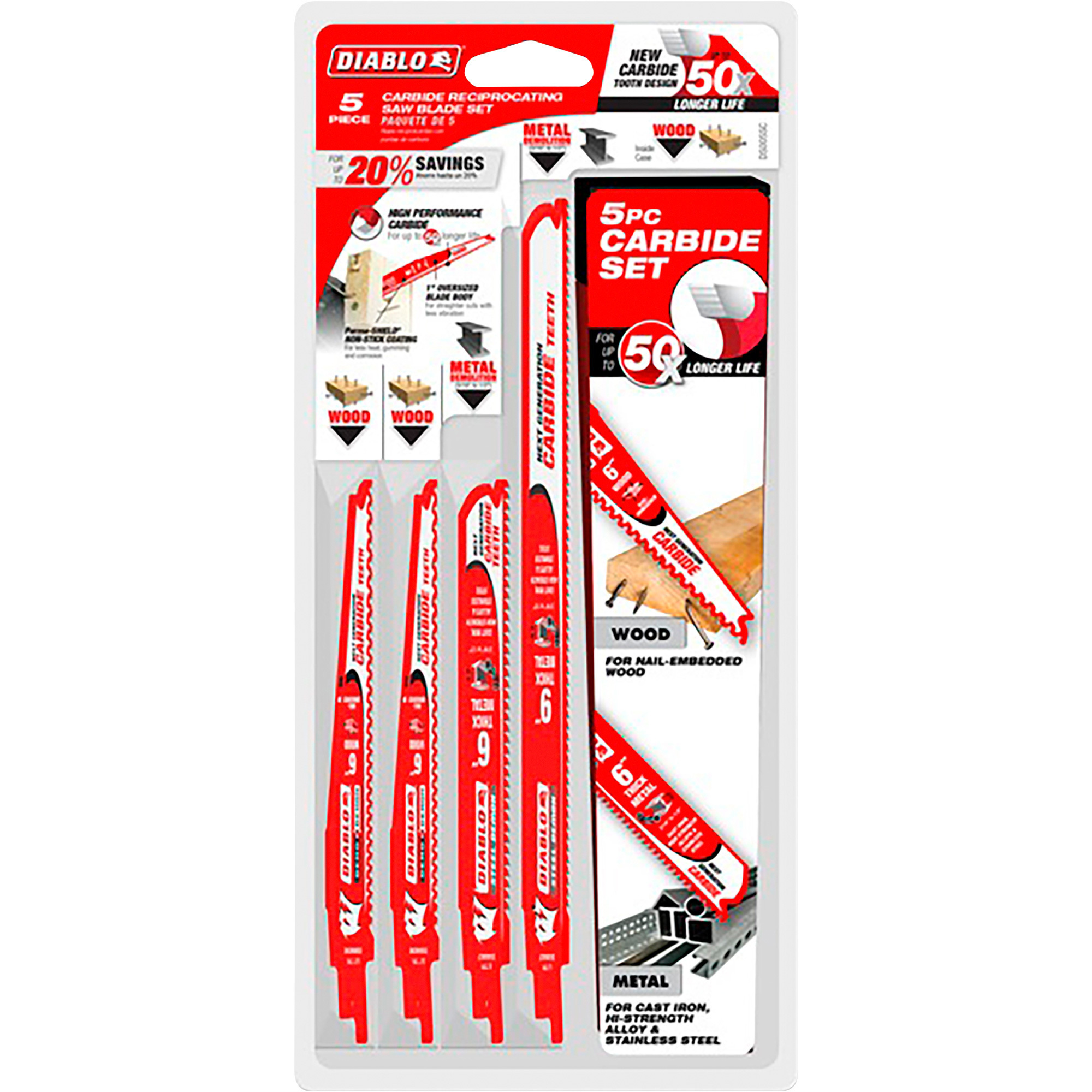 Diablo 5-Pc. Carbide Reciprocating Blade Set, Model# DS005SC